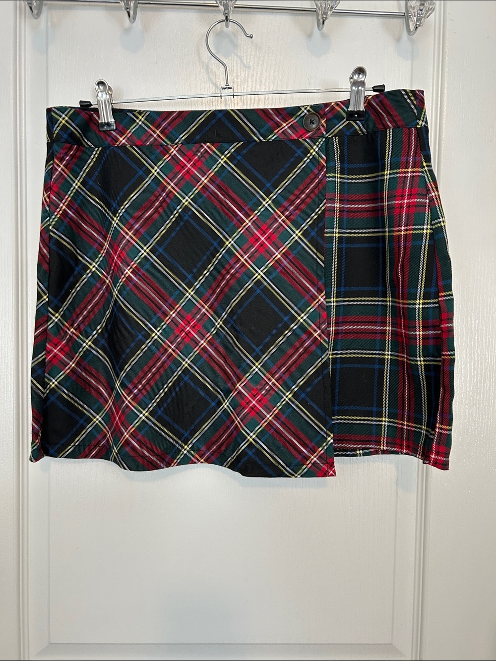 Almost Famous Black Plaid Wrap Mini Skirt with Red and Green Tartan